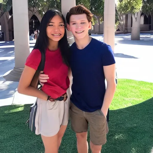 Prompt: Tom Holland with his arm around a beautiful Filipina college girl at Chapman University monument