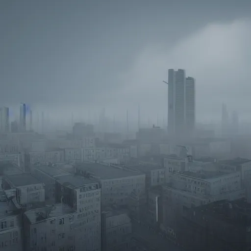 Image similar to a photorealistic image of terror in the skies, volumetric fog, cityscape, wide angle