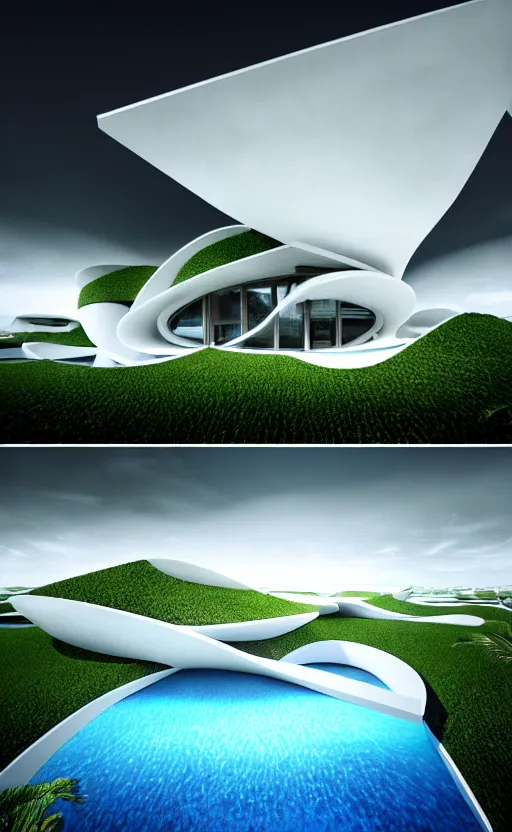 Prompt: villa parametric architecture fluid design, vincent callebaut well - defined style, ultra detailed, monochromatic, natural lighting, volumetric lighting, generative art nebula, cinematic, photo realistic, hyper real, surreal design, flow everywhere, walls made of crystal clear water, droplets on the walls, black metal, magnesium, 8 k,