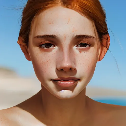 Image similar to beautiful serene intricate portrait of a cute thin young woman, red blush, cute freckles, smug smile, modern clothes, relaxing on the beach, golden hour, close up shot, soft focus, 8 k, art by irakli nadar, hyperrealism, hyperdetailed, ultra realistic