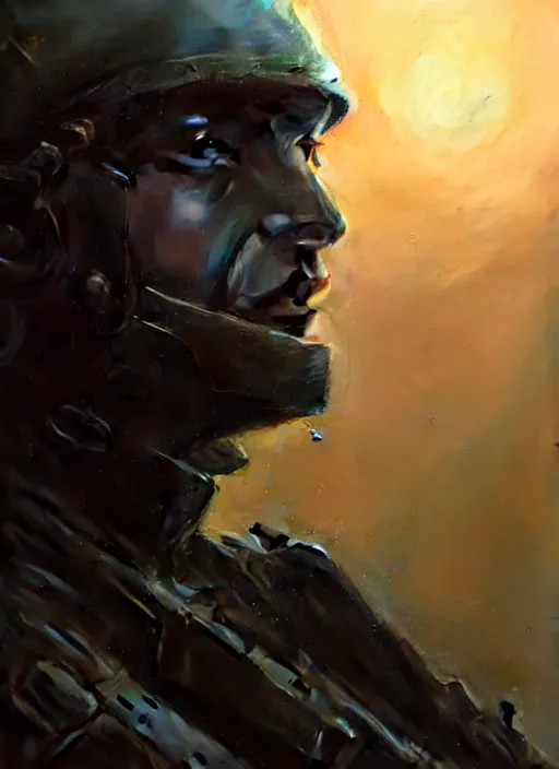 Image similar to closeup realistic portrait of a dystopian soldier in apocalyptic environment, backlit, oil painting, concept art, filip hodas, john howe, mike winkelmann, jessica rossier, andreas rocha, bruce pennington, albert bierstadt, peter mohrbacher, donato giancola, joseph christian leyendecker, wlop, boris vallejo