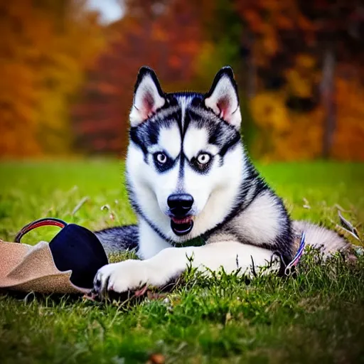 Image similar to A photo of a Husky dog wearing a hat, award winning photography, pro dog photography