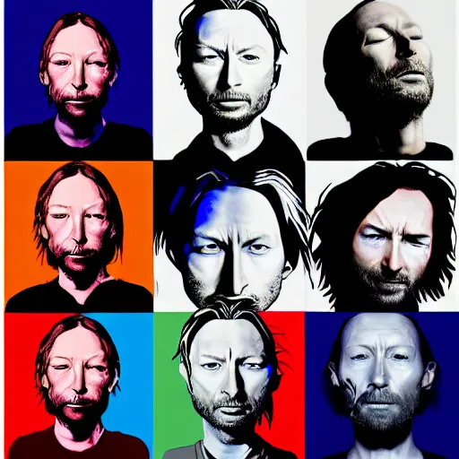 Image similar to versions collage, hyper realistic, many variations of thom yorke, very old, face variations, various emotions, various poses, high quality, brush stroke