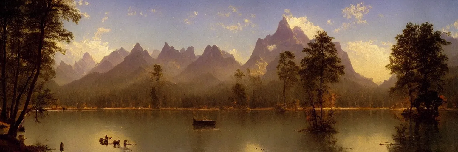 Image similar to beautiful albert bierstadt landscape painting of beautiful mountains and lakes with a mcdonald ’ s fast food restaurant in the scene