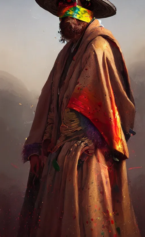 Prompt: portrait of a blindfolded man wearing multicolored robes, large straw hat, fantasy, highly detailed, cinematic lighting, digital art painting by greg rutkowski