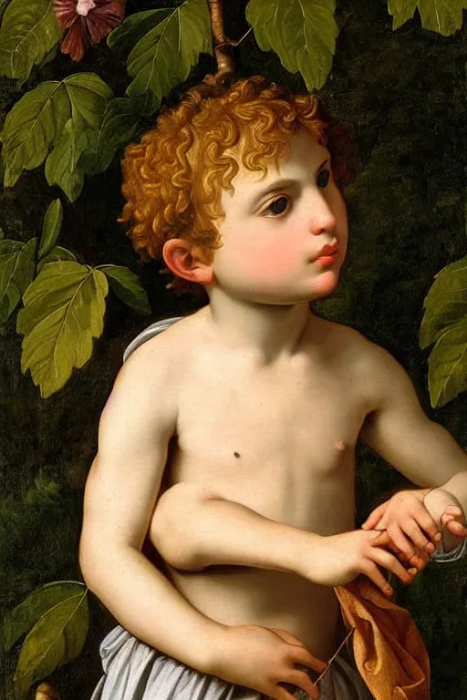 Image similar to renaissance painting of young boy in the garden, closeup, short hair, interest face, emotions closeup, dressed in roman armour, the beautiful garden with birch leaves everywhere, ultra detailed, art by Guido Reni style, Vincenzo Catena style