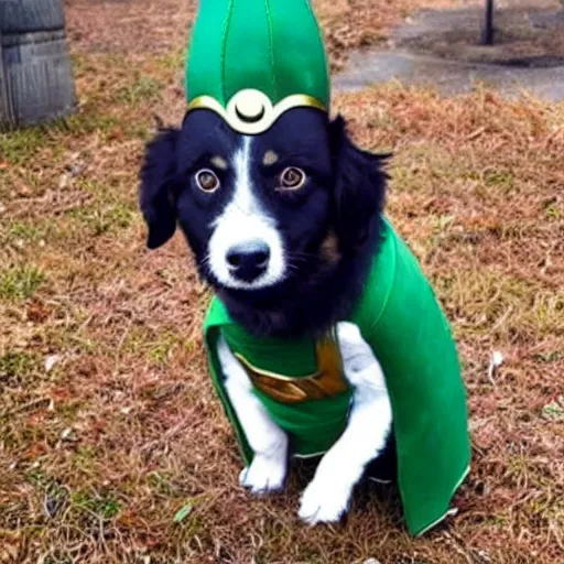 Prompt: a dog named Loki that is dressed like Loki