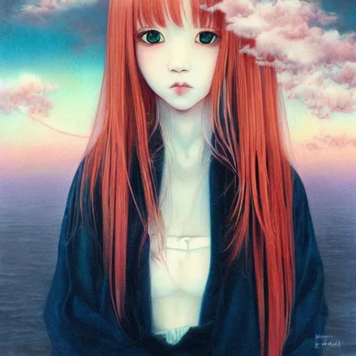 Prompt: young vampire Portrait by Miho Hirano, manga, realistic, detailed, white, light pink tonalities, beautiful collage technique including clouds, sea, wind, ornate sea background, beautiful Fantasy detailed trending on artstation, oil painting,Dramatic lighting, eterea , high quality print, fine art with subtle redshift rendering