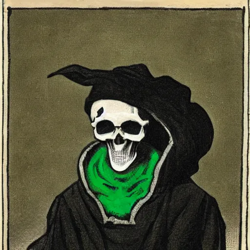 Prompt: a man wearing a black cloak with a skull head killing a man in green