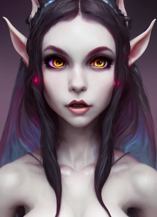 Image similar to imp demon goddess, cute elf ears, strapless dress, character portrait in the style of thomas river and artgerm, cinematic lighting, hyperdetailed, 8 k realistic, symmetrical, global illumination, radiant light,, frostbite 3 engine, cryengine, dof, trending on artstation, digital art, chanel