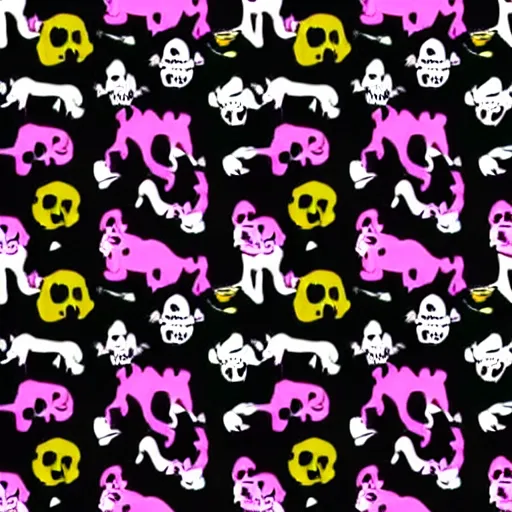 Prompt: seamless tileable pattern of black skulls and pink horses jacquard