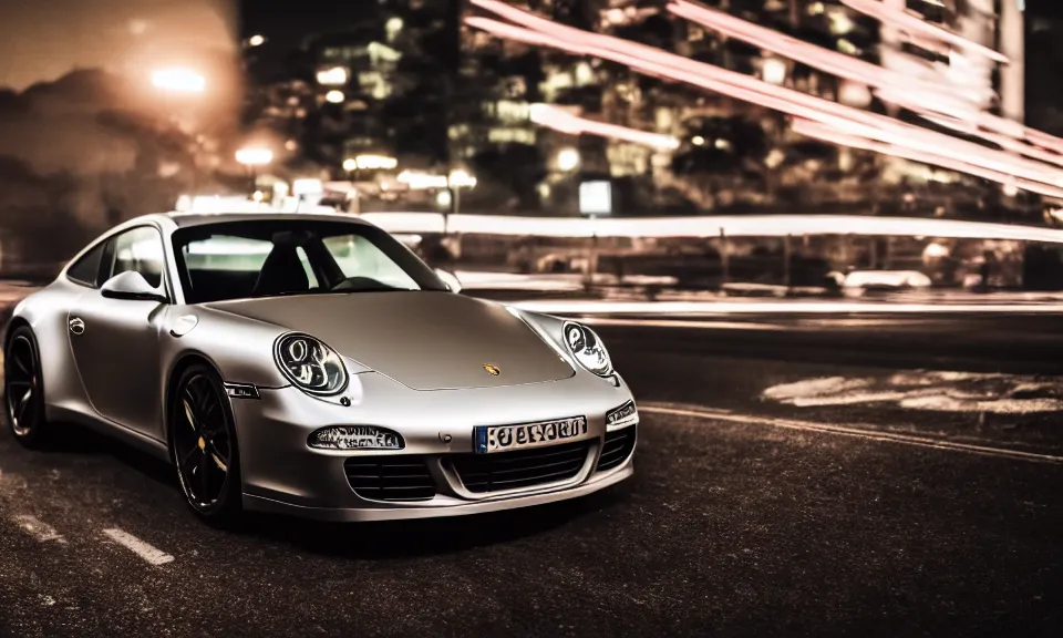 Prompt: photo of a porsche 911 at night driving fast through a city, cinematic, 4k, long exposure photography, tokyo drift, fast and furious, film still, night photography, motion blur, lens flare