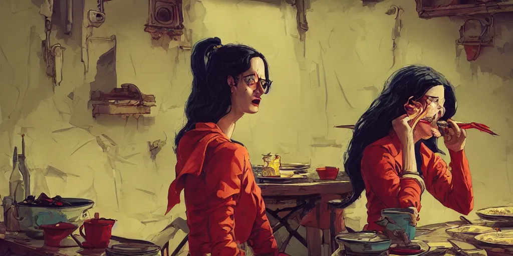 Image similar to cartoonish eva green eating dinner, vivid colors, character sheet, fine details, concept design, contrast, kim jung gi, greg rutkowski, trending on artstation, 8 k, full body, turnaround, front view, back view, ultra wide angle