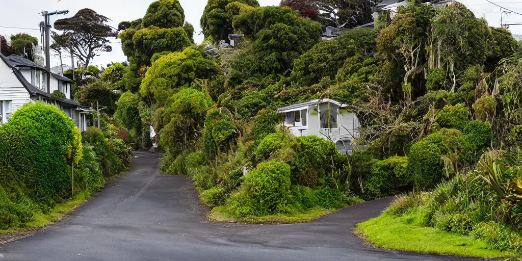 Image similar to a suburban street in wellington, new zealand. quaint cottages interspersed with an ancient remnant lowland podocarp broadleaf forest full of enormous trees with astelia epiphytes and vines. rimu, kahikatea, cabbage trees, manuka, tawa trees, rata. stormy windy day. google street view.