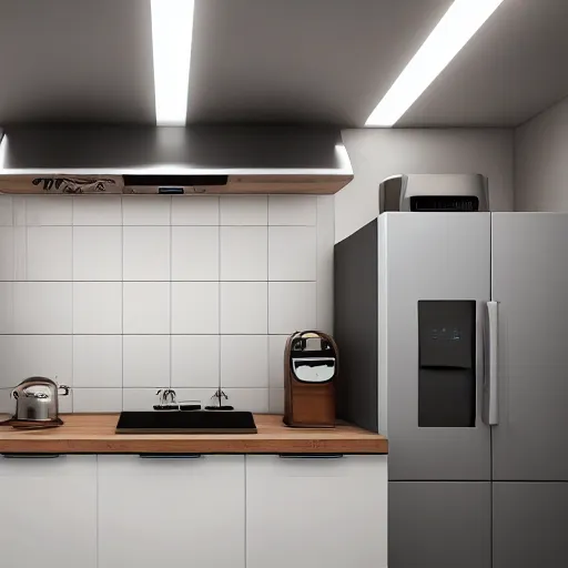 Prompt: kitchen scene with volumetric lighting, spotlight above microwave oven, neon lights