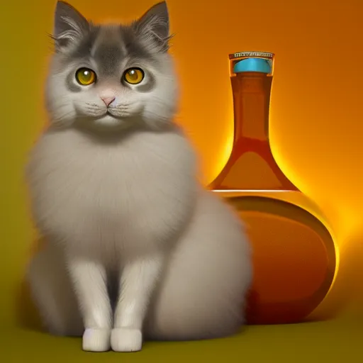 Prompt: a fluffy cat standing next to a bottle of medicine in a room with a yellow background color. orange cat. animal cat. digital art. artstation. realistic. vibrant. illustration. in the style of pixar movie. octane render. art by artgerm and greg rutkowski and alphonse mucha. volumetric lighting.