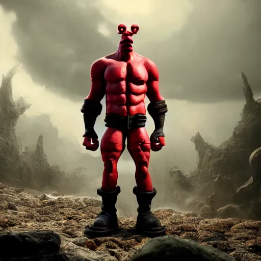 Image similar to realistic full size hellboy with a body made of twizzlers, render, fantasy art, unreal engine, 8 k