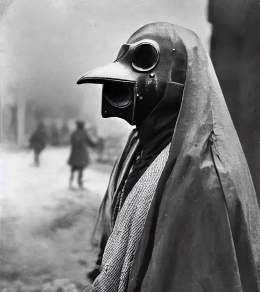 Prompt: a man at wearing plague doctor mask in distance, ww1 film photo, grainy, high detail, high resolution