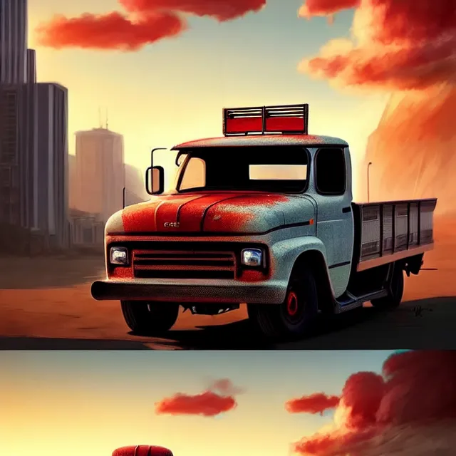 Image similar to epic professional digital art of Japanese Kei flatbed mlik truck , best on artstation, cgsociety, wlop, Behance, pixiv, astonishing, impressive, outstanding, epic, cinematic, stunning, bounce lighting, gorgeous, concept artwork, much detail, much wow, masterpiece.