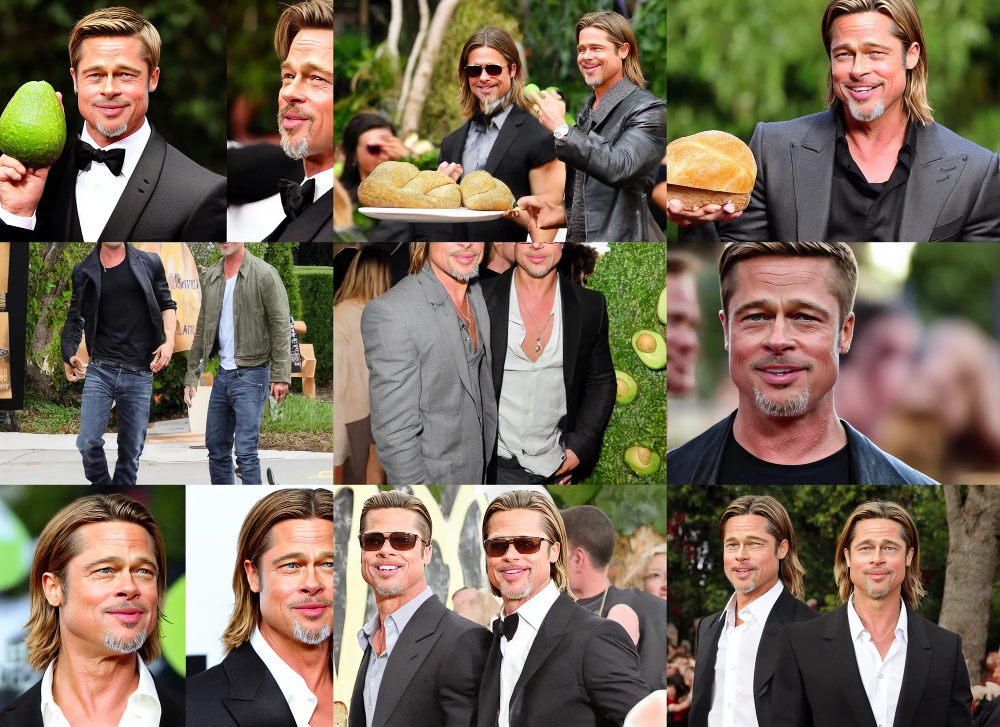 Prompt: brad pitt smiling awkwardly with head as avocado putt, bread