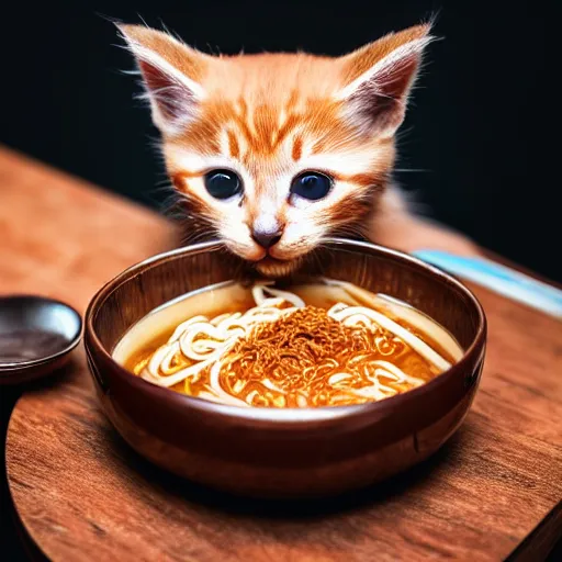 Image similar to a cute kitten eating ramen noodles from a bowl, award winning photography, studio lighting, 8k, 4k, ultrarealistic details