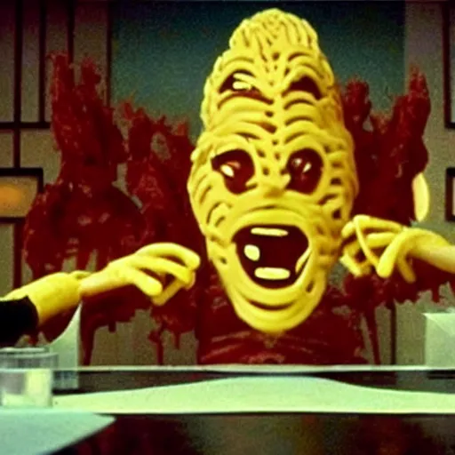 Image similar to Monsters made of French Fries, fighting Star Trek Engineers in the mess, film still from the movie directed by Denis Villeneuve with art direction by Salvador Dalí,