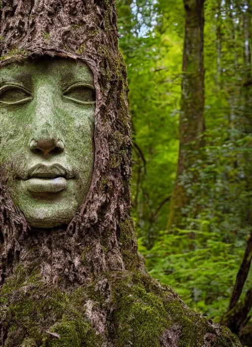 Prompt: photograph of hyperrealistic detailed ancient face in the shape of a tree covered with bark and moss, in a mysterious forest