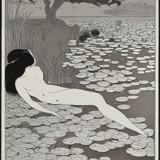 Image similar to A girl bathes in a lake where water lilies are floating, lithography by Aubrey Beardsley, High definition, detailed,