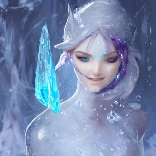 Image similar to a fantasy elf woman trapped and frozen trying to get out of a block of clear ice, with frozen flowers around her, artstation, greg rutkowski