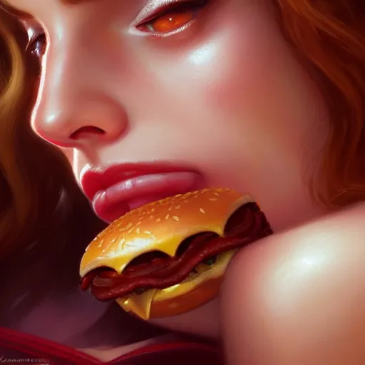 Prompt: Lana Del Ray eating a baconator, closeup, D&D, fantasy, intricate, elegant, highly detailed, digital painting, artstation, concept art, matte, sharp focus, illustration, hearthstone, art by Artgerm and Greg Rutkowski and Alphonse Mucha