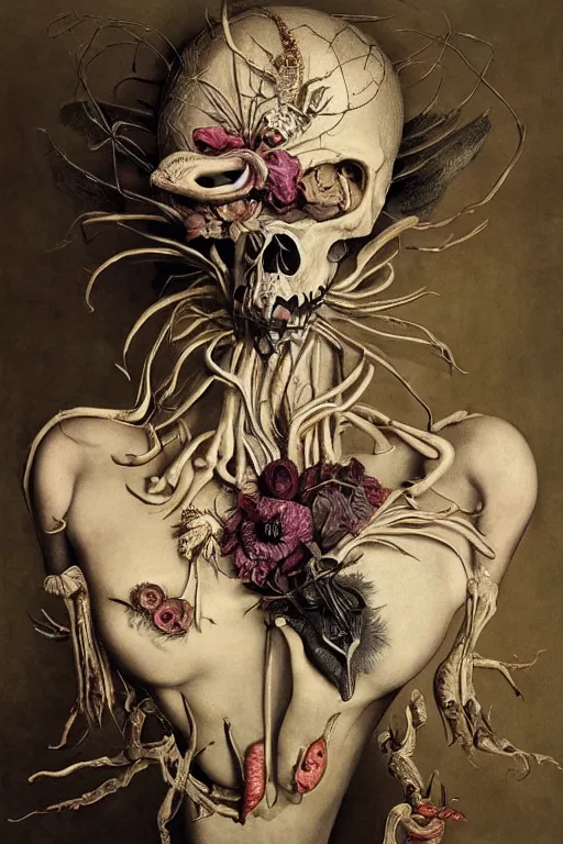 Image similar to Detailed maximalist portrait with large lips and eyes, expressive, botanical skeletal with extra flesh, HD mixed media, 3D collage, highly detailed and intricate, surreal illustration in the style of Caravaggio, dark art, baroque