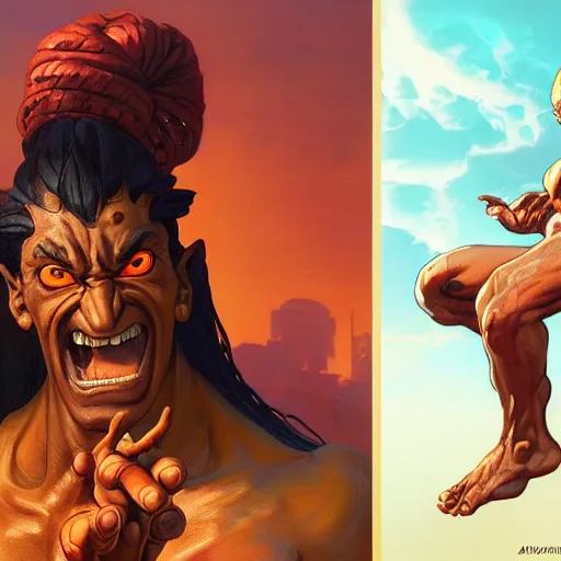 Image similar to apu nahasapeemapetilon as dhalsim from street fighter, 4 k, ultra realistic, detailed focused art by artgerm and greg rutkowski and alphonse mucha