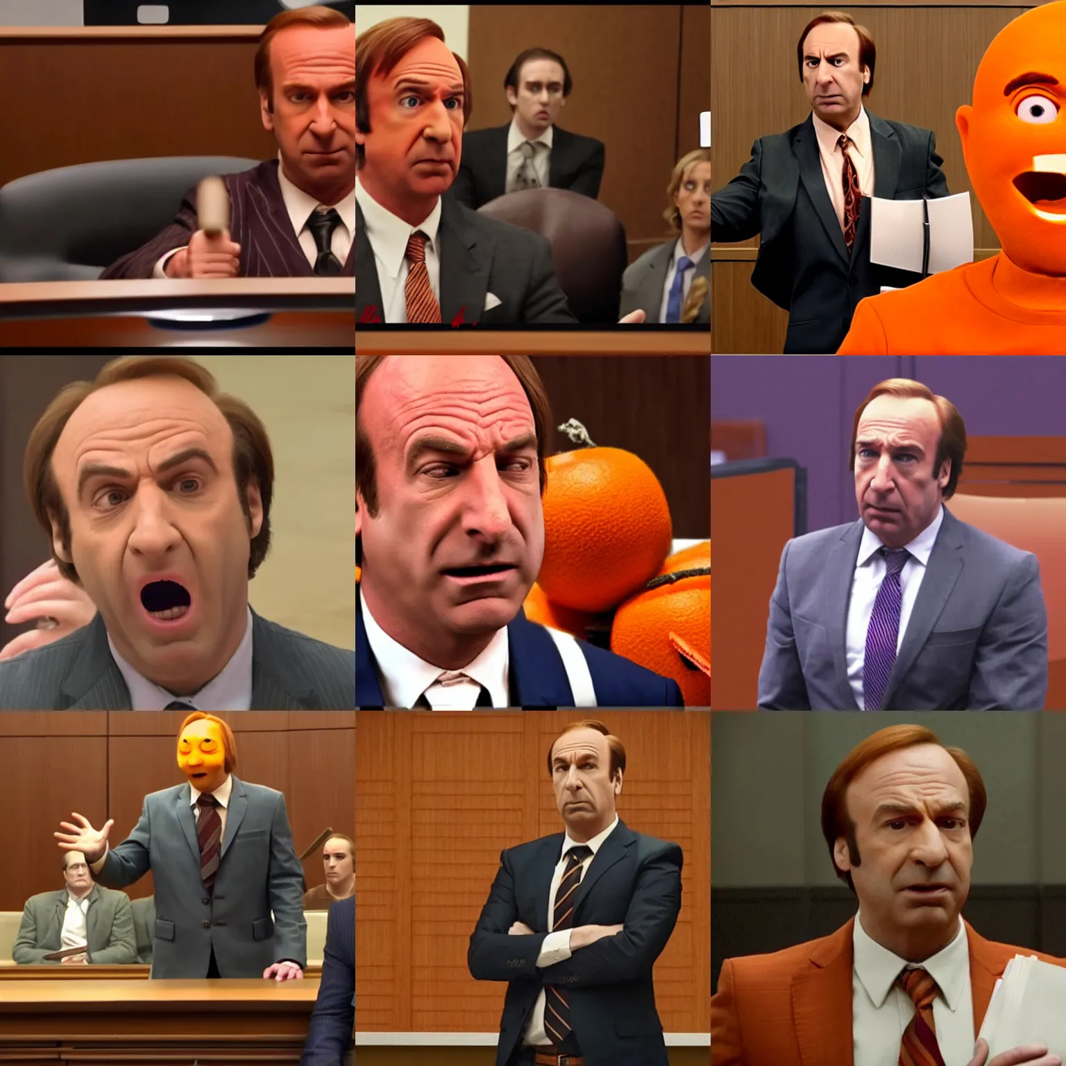 Image similar to saul goodman defending the annoying orange in court, high quality, 4k, television stil