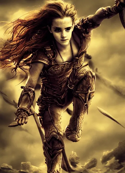 Image similar to hyper realistic photo of warrior pincess emma watson, full body, rule of thirds, conceptart, saturated colors, cinematic,