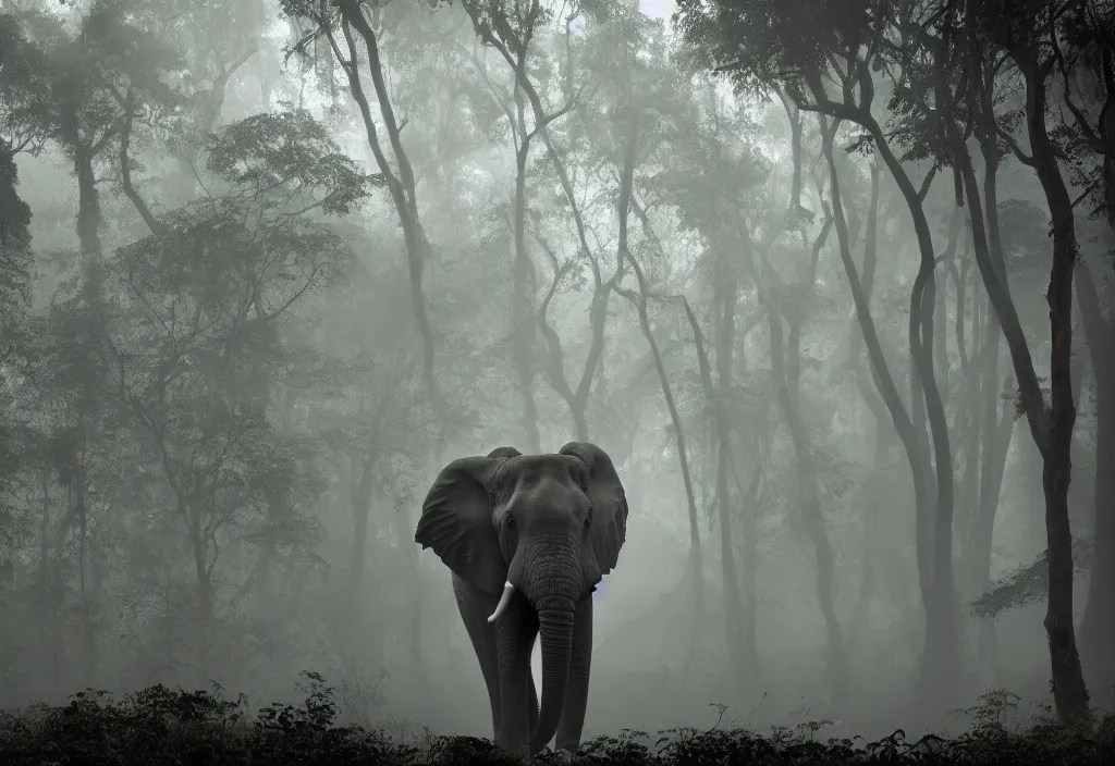 Image similar to an enormous elephant king, in a jungle with ominous light from above, ambient light, fog, river, very poetic