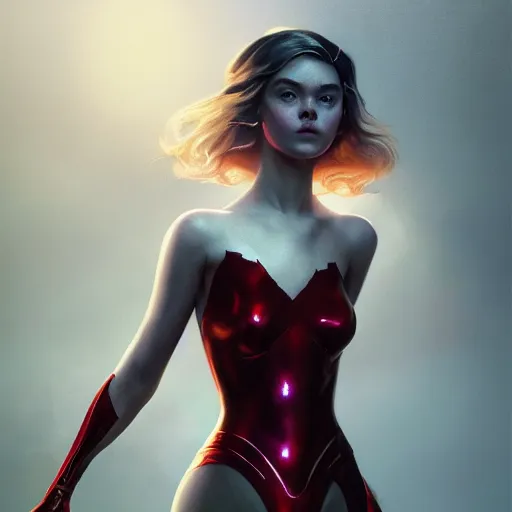 Prompt: portrait of modern darna, elle fanning in prey, intricate, elegant, dark vibes, highly detailed, digital painting, artstation, glamor pose, concept art, smooth, sharp focus, illustration, art by wlop, mars ravelo and greg rutkowski