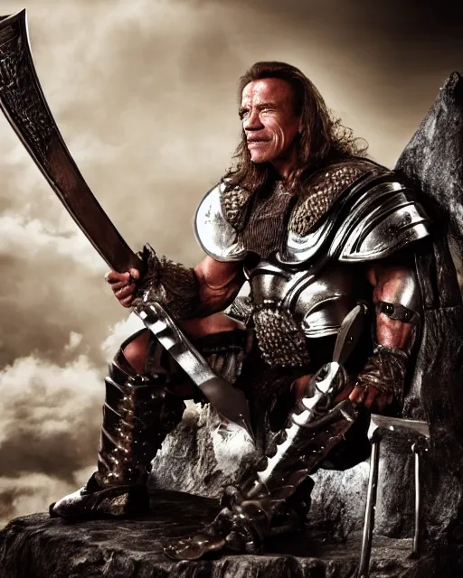 Image similar to arnold schwarzenegger as king conan, directed by john millius, photorealistic, sitting on a metal throne, wearing ancient cimmerian armor, a battle axe to his side, cinematic photoshoot in the style of annie leibovitz, studio lighting