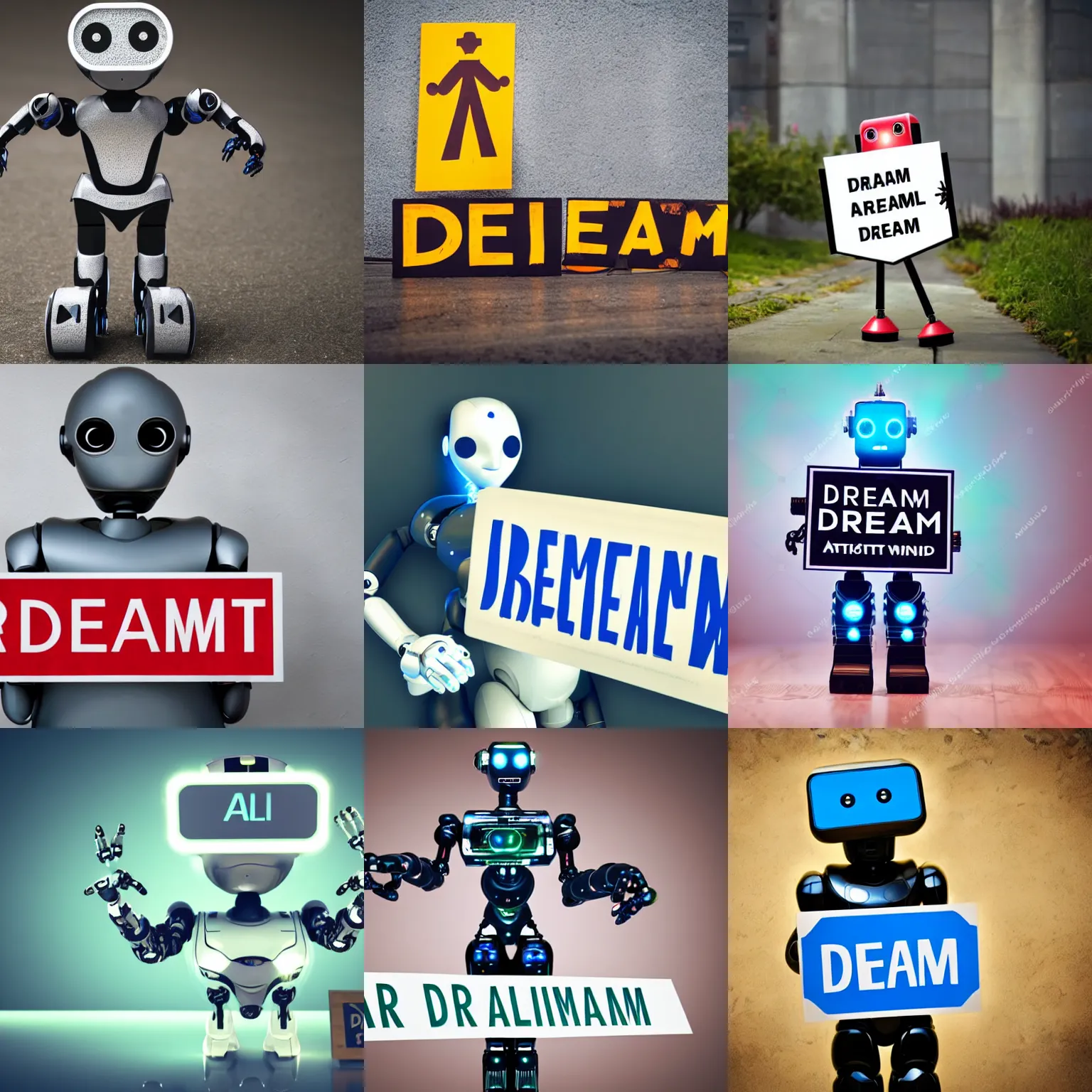 Image similar to artificial intelligence robot holding a sign with text that reads : dream