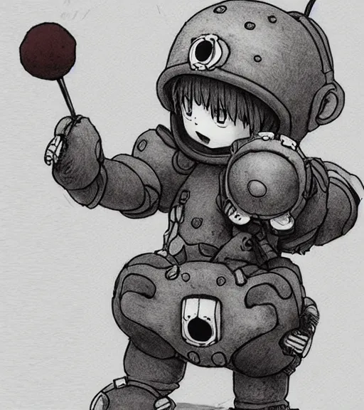 Prompt: beautiful little boy wearing an cyborg bear suit, artwork in kentaro miura and made in abyss, inspired in super bomberman, smooth, beautiful lightness, anatomically correct, trending on pixiv, space