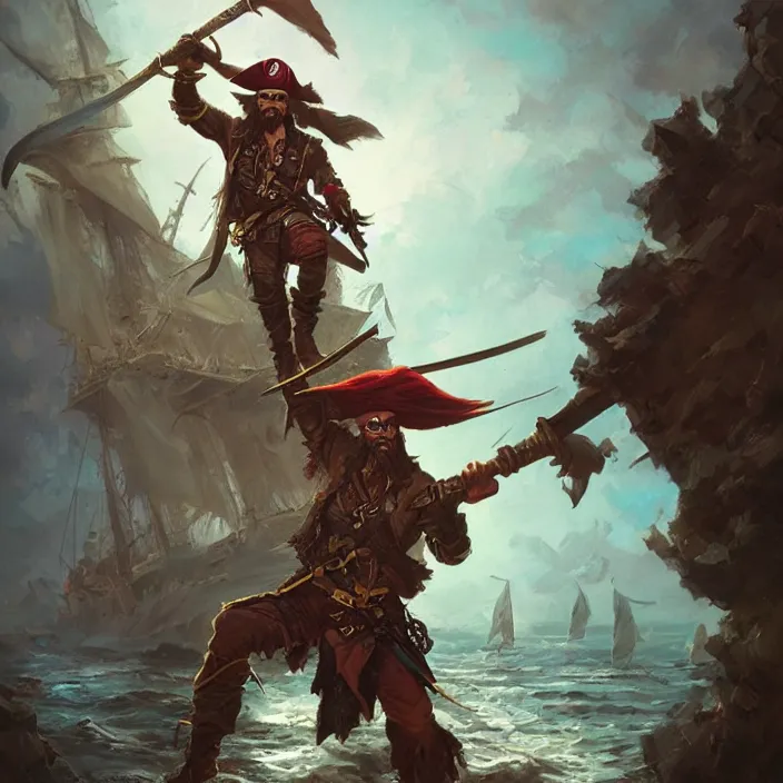 Image similar to pirate captain d & d, d & d style, trending on artstation, intricate, highly detailed, vivid painting, colorful, art by greg rutkowski