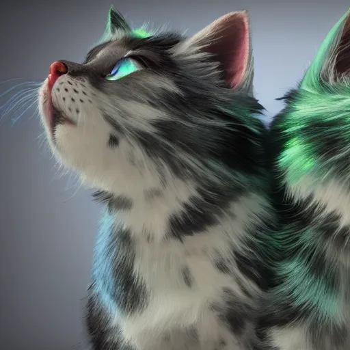 Image similar to iridescent kittens cyperpunk 2 0 7 7, unreal engine 5, 8 k ultra realistic, hyperdetailed, volumetric lighting, extremely high quality