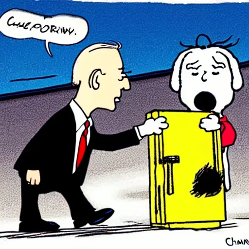 Image similar to a cartoon of joe biden as lucy pulling away the nuclear football before trump as charlie brown can kick it, cartoon in the style of peanuts by charles schulz