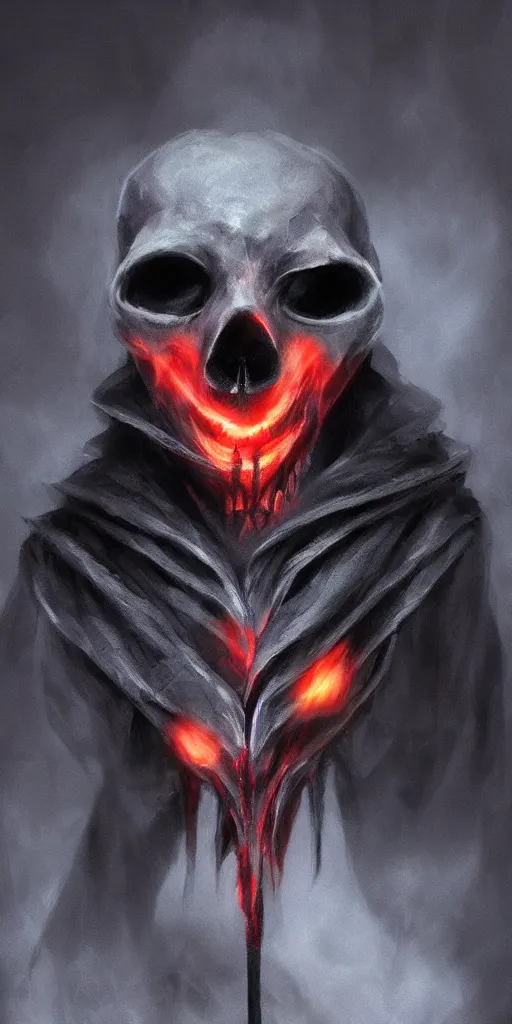 Image similar to a ghostly anthropomorphic rat with skull face and glowing red eyes wearing black tattered robes and holding two blue flames, grim reaper except a rat, photorealistic, artstation
