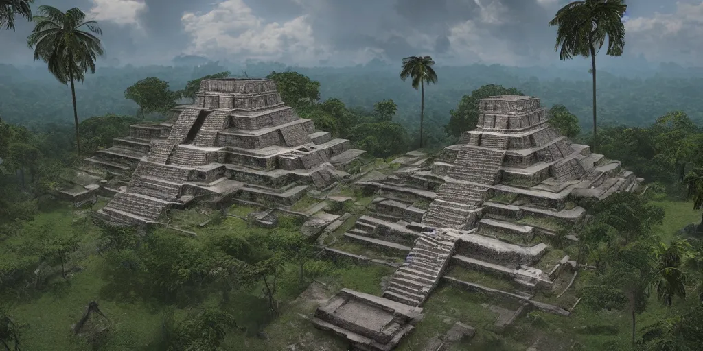 Image similar to palenque, ancient mayan city, unreal 5, hyperrealistic, realistic, photorealistic, dynamic lighting, highly detailed, cinematic landscape, studio landscape, studio lighting