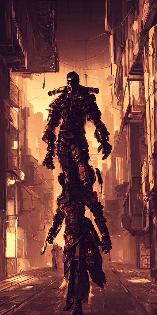 Prompt: Cyberpunk Samurai facing left in backdrop of cold alley, Artstation