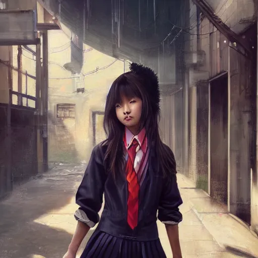 Image similar to a perfect, realistic professional oil painting of a Japanese schoolgirl posing in a dystopian alleyway, style of Marvel, full length, by a professional American senior artist on ArtStation, a high-quality hollywood-style concept