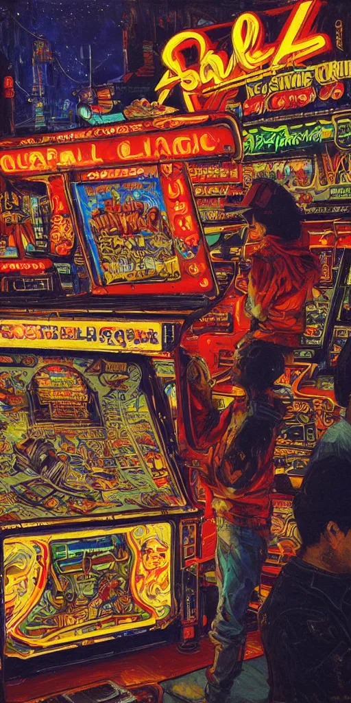 Image similar to oil painting scene from amusement arcade at night neon by kim jung gi