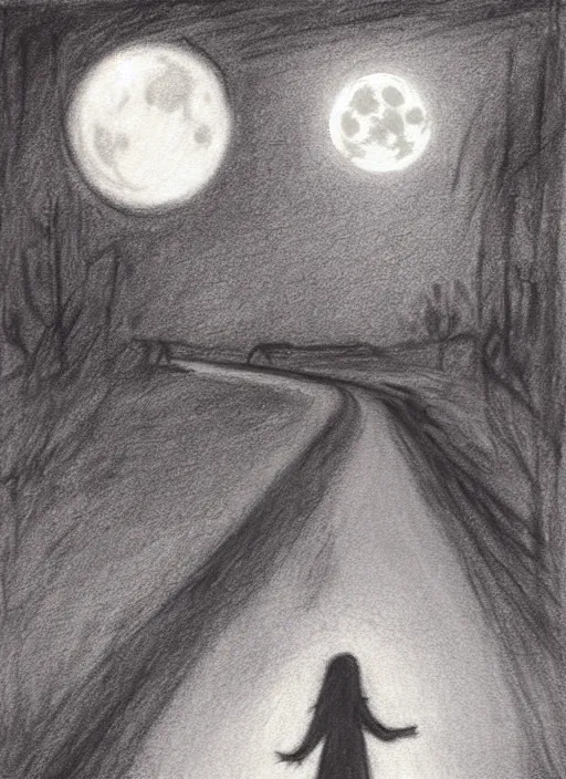 Image similar to young brown woman walking her dog in a park at night with a full moon charcoal drawing