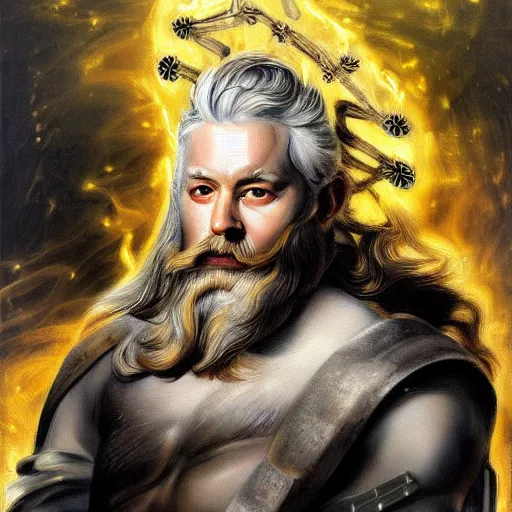 Image similar to mythological Odin all father god of thunder and artificial intelligence creating an artificial neural network with dark yellow synapses on an anvil, high resolution, award winning art, trending on art station, sharp image, incredibly detailed, odin all father detailed character realistic painting, painting by peter paul rubens