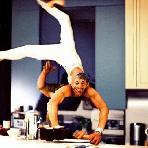 Image similar to jeff goldblum bouncing upside down in his kitchen